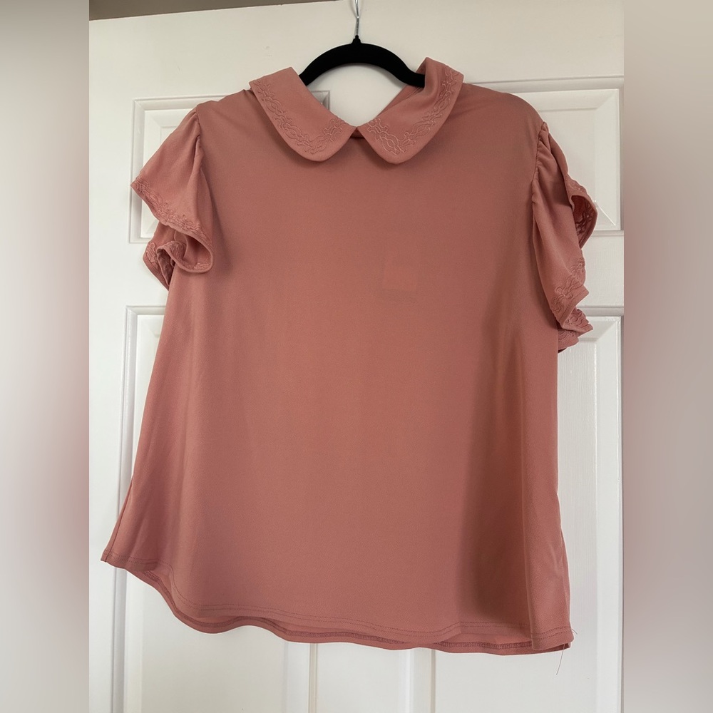 Adrianna Papell Blush Pink Ruffle Sleeve Blouse with Peter Pan Collar